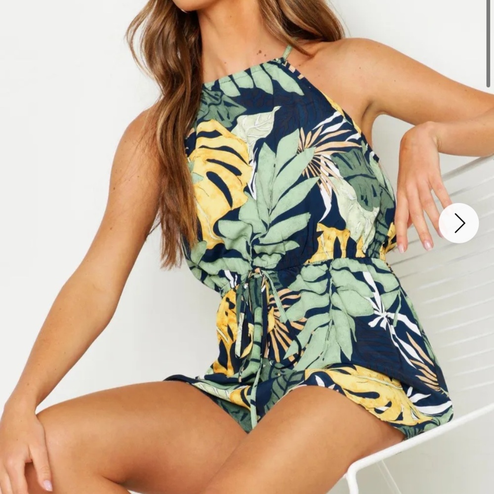 High Neck Tropical Print Playsuit